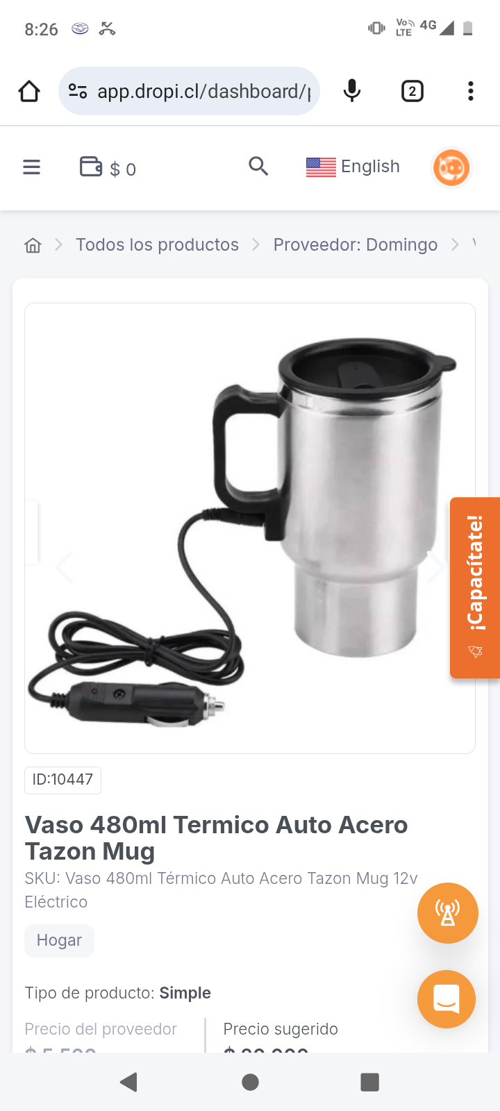 Vaso 480ml Termico Auto Acero Tazon Mug