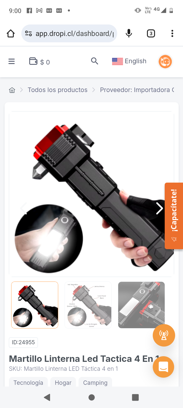 Martillo Linterna Led Tactica 4 En 1