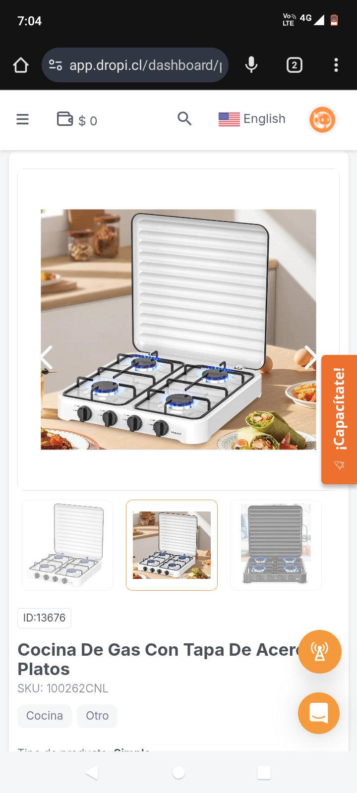 Cocina De Gas Con Tapa De Acero 4 Platos