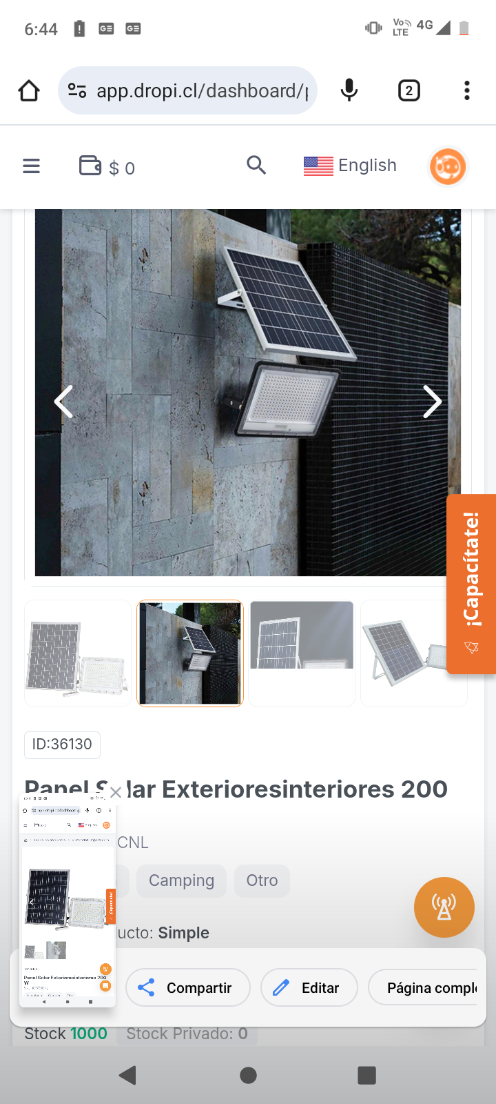 Panel Solar Exterioresinteriores 200 W