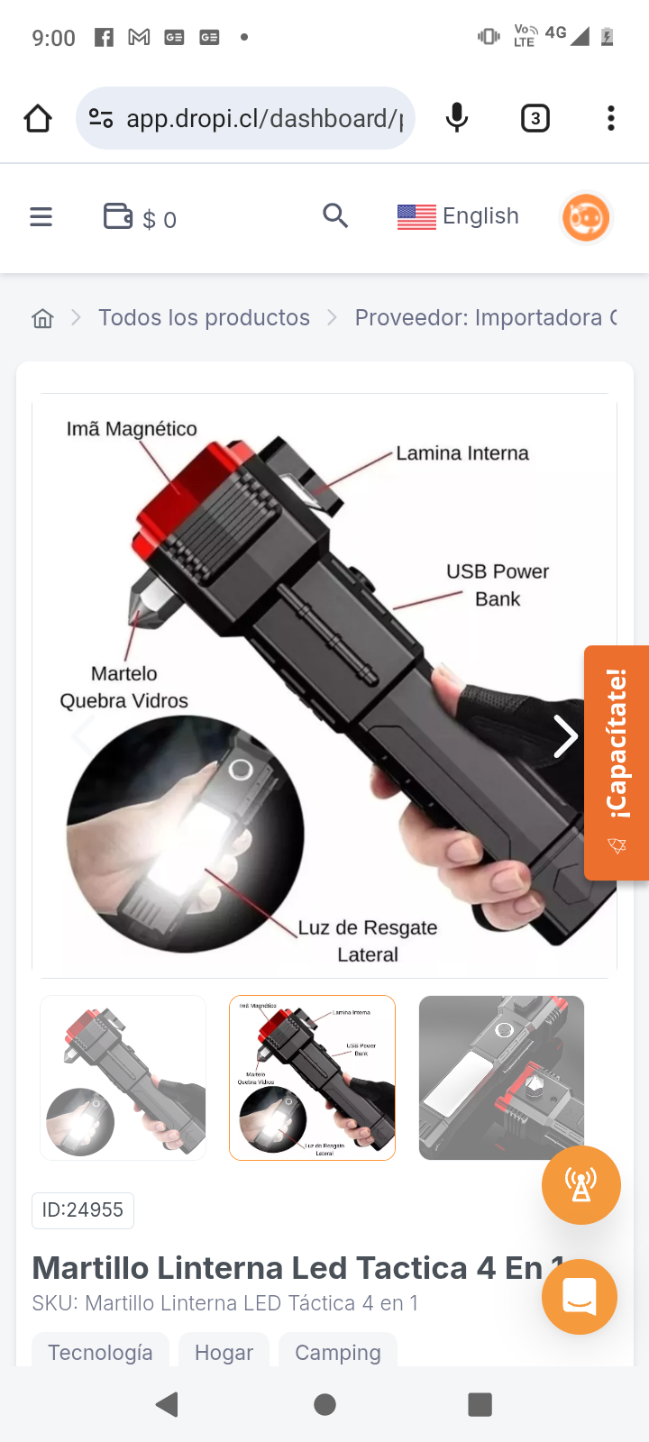 Martillo Linterna Led Tactica 4 En 1