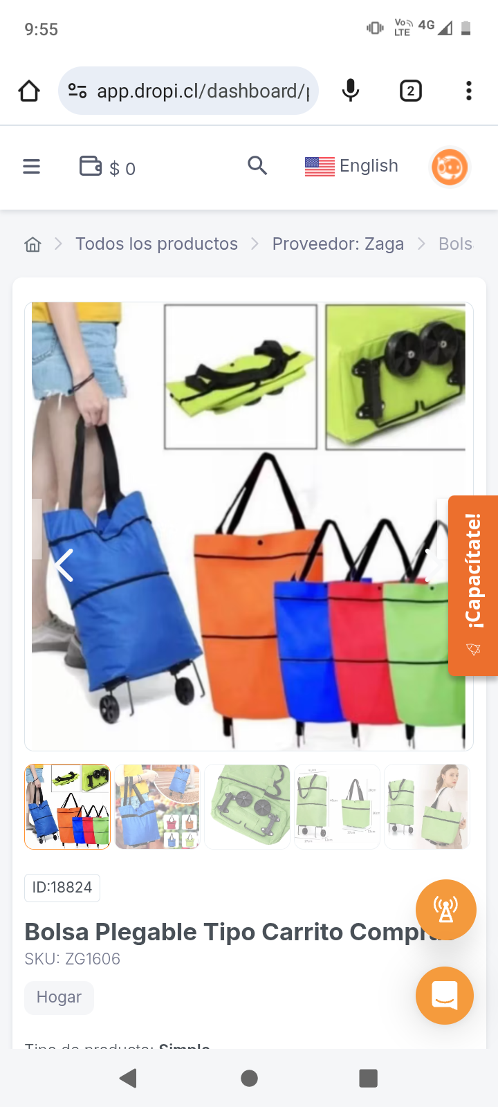 Bolsa Plegable Tipo Carrito Compras