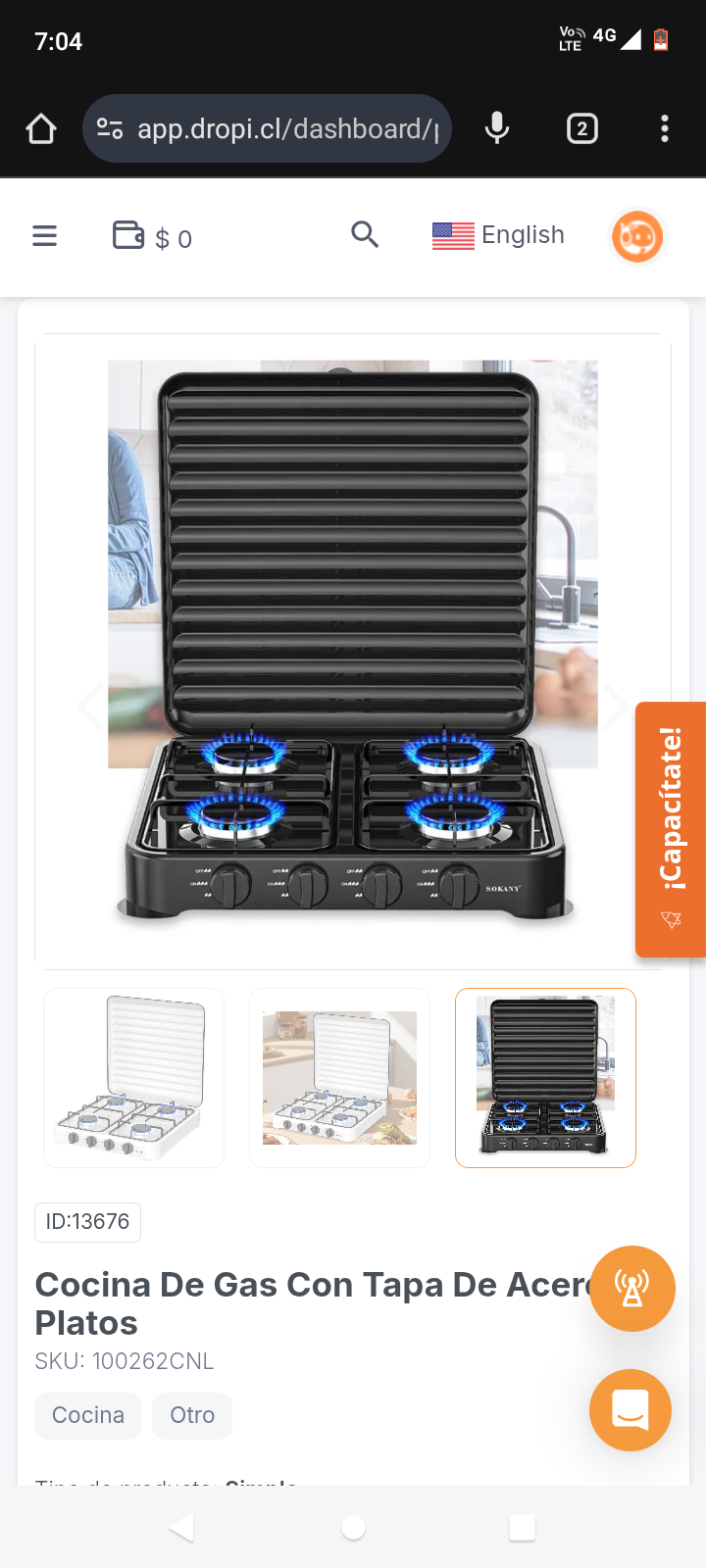 Cocina De Gas Con Tapa De Acero 4 Platos